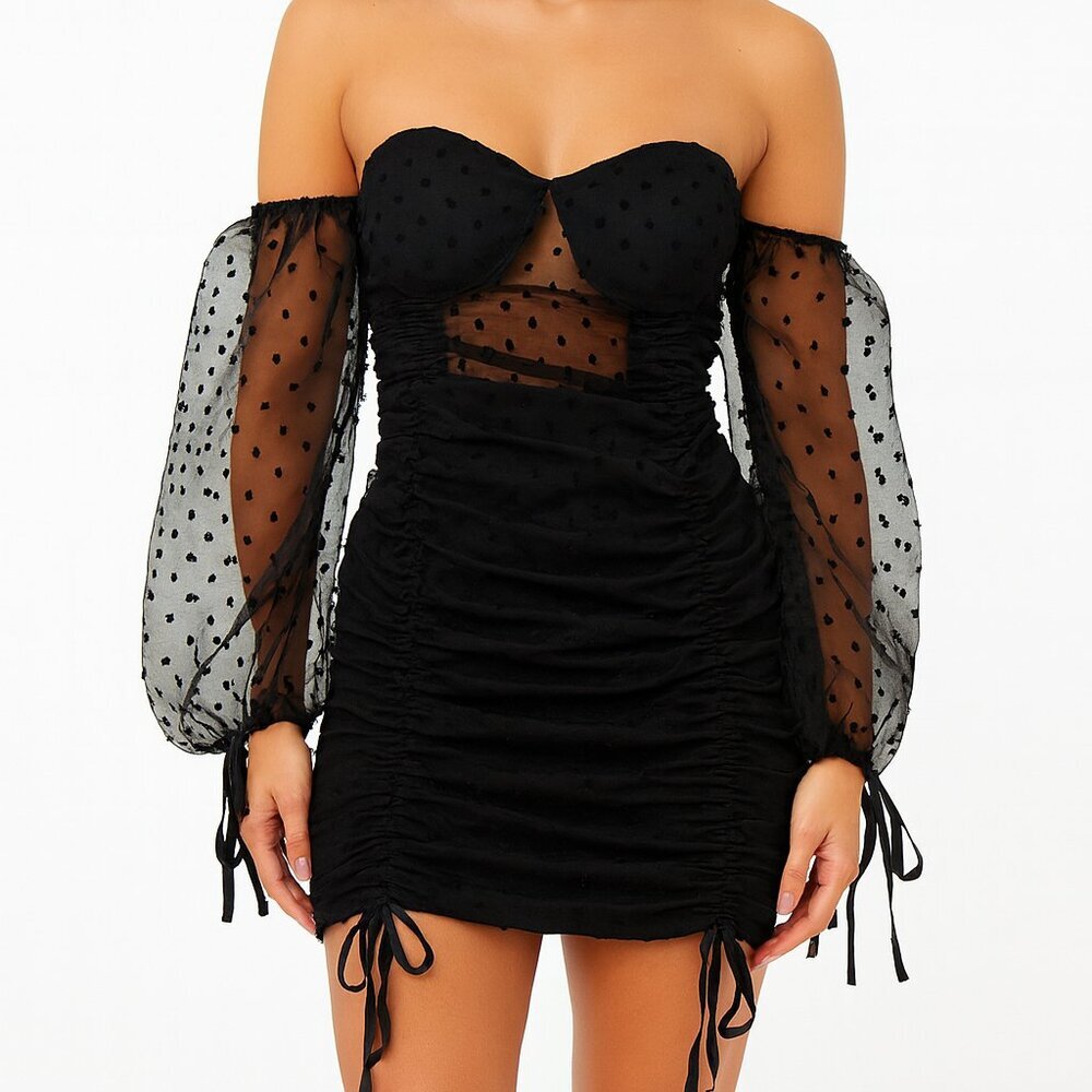Boohoo Black Sheer Swiss Dot Mini Dress –‎ Ruched Mesh Long Sleeve Size 2